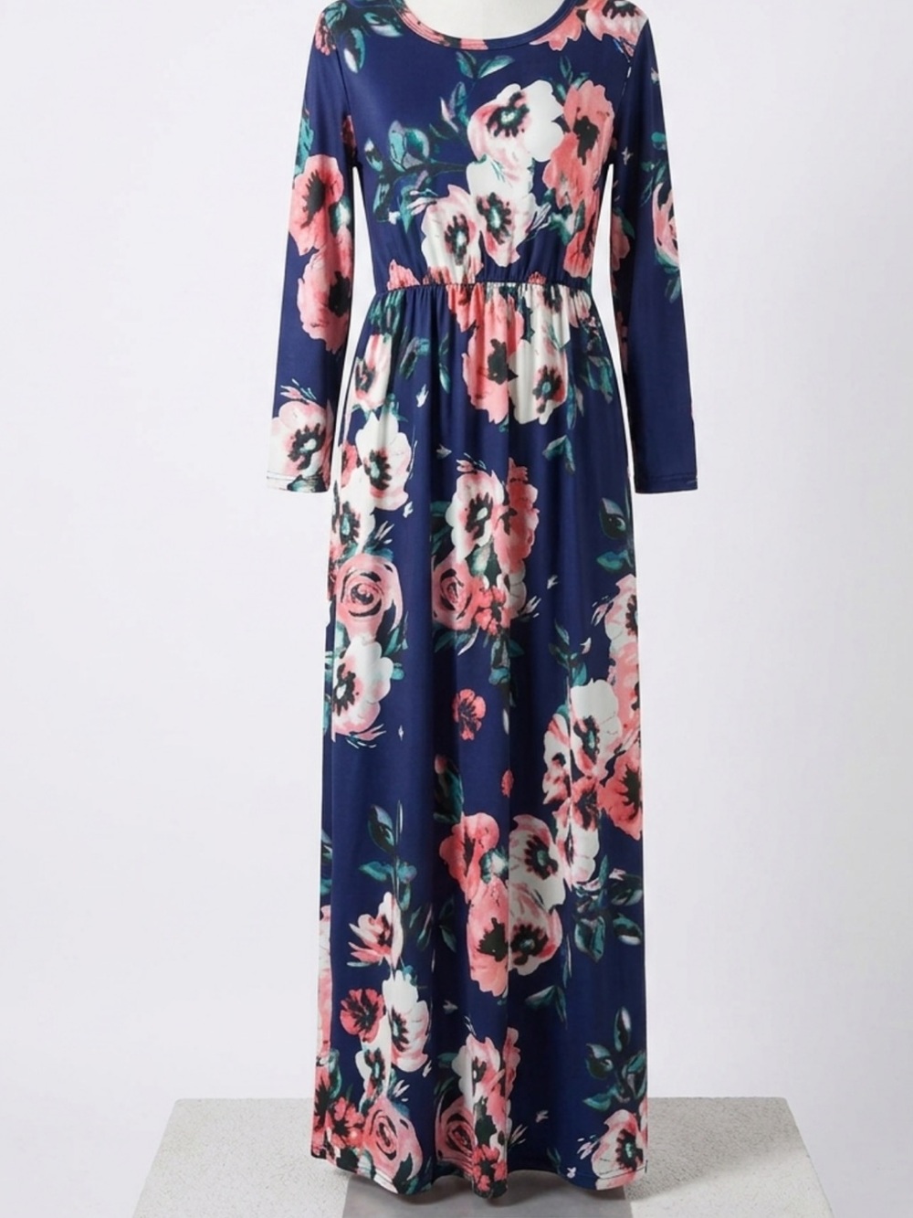 Floral Navy Long Sleeve Maxi Dress - Navy/Pink